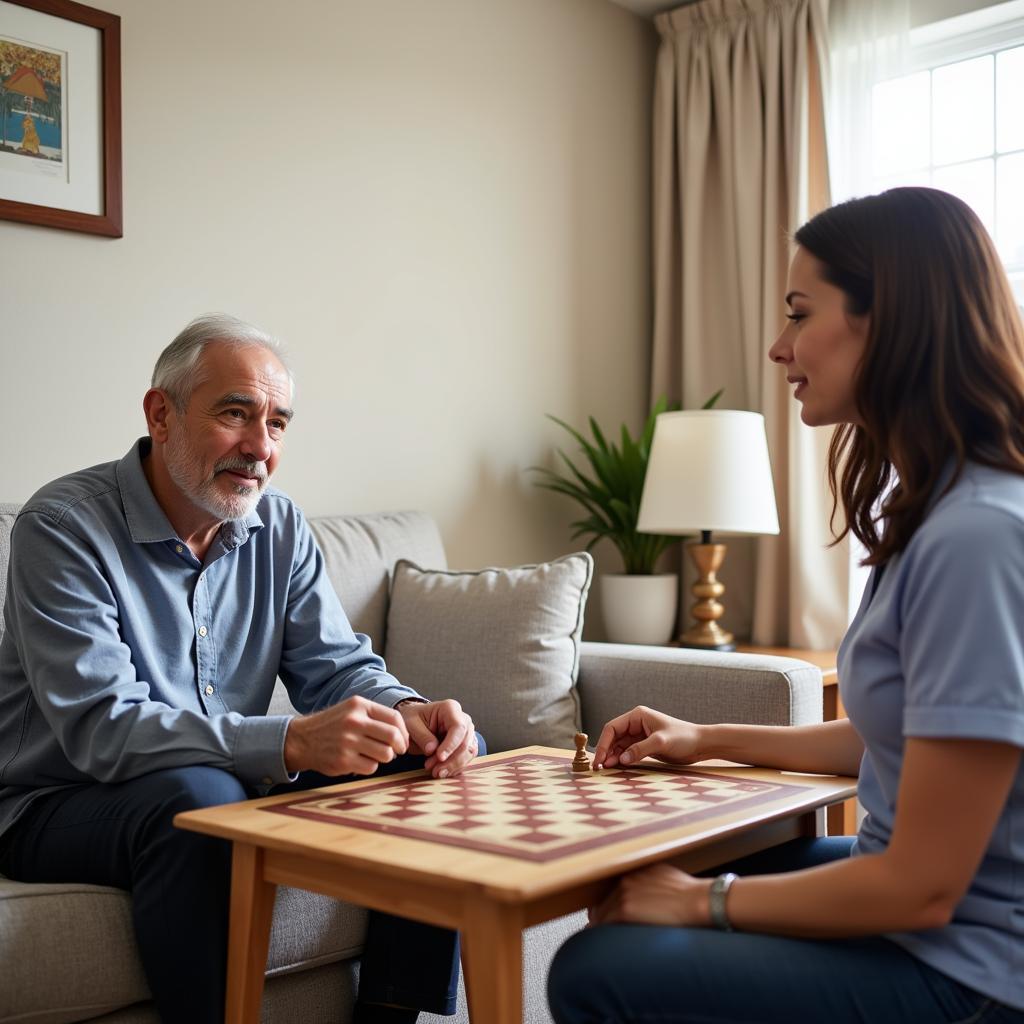 A senior citizen engaging in a board game with a caregiver in their living room.