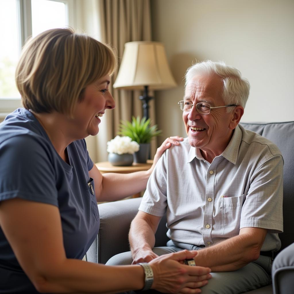 An elderly person receiving personalized care from a caregiver in their home.