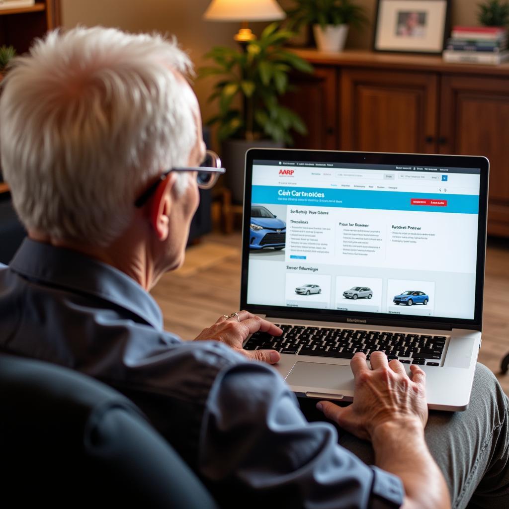 Senior citizen using AARP website to find car service discounts