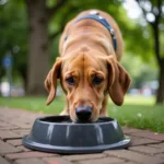 Service dog hydrating from a water bowl