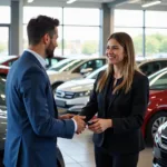 Customer receiving keys to a service loaner car at a car dealership