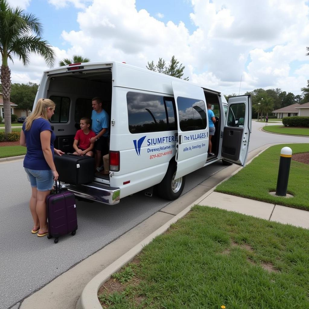 A shared shuttle van picks up passengers in The Villages for a trip to Orlando International Airport