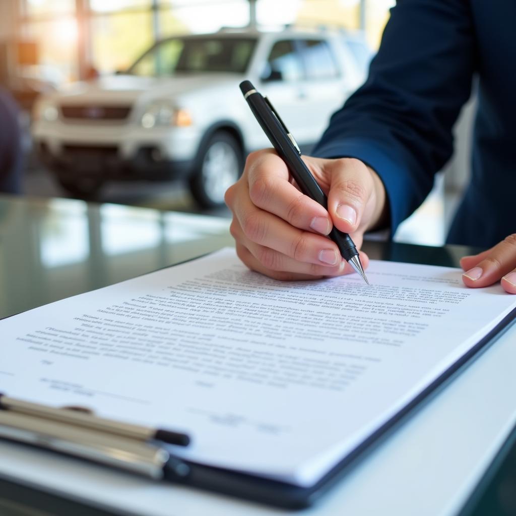 Customer signing a service loaner car agreement at a dealership