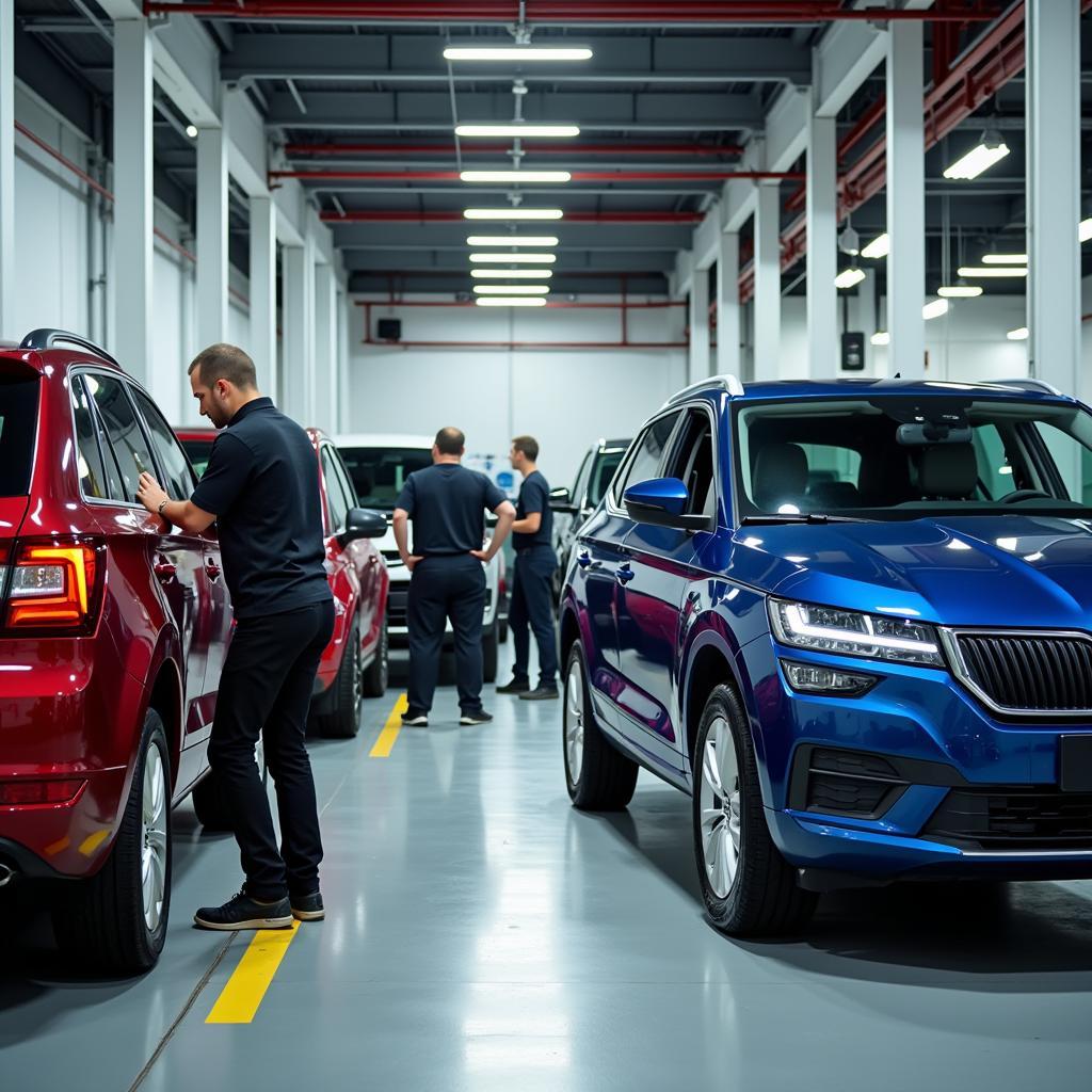 Skoda Car Service Costs - Image depicting various Skoda models in a service center, highlighting mechanics performing checks and repairs.