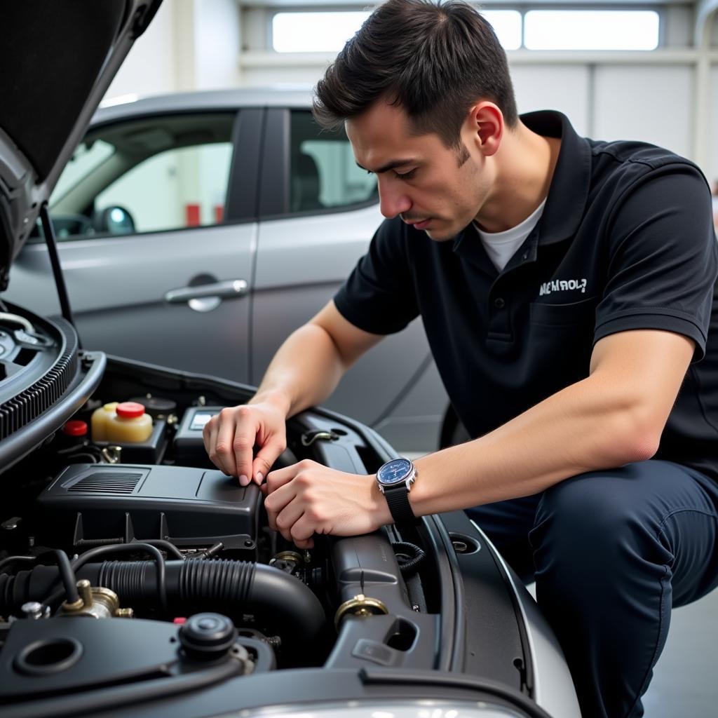 Mechanic Inspecting Smart Car Engine Compartment During Routine Maintenance