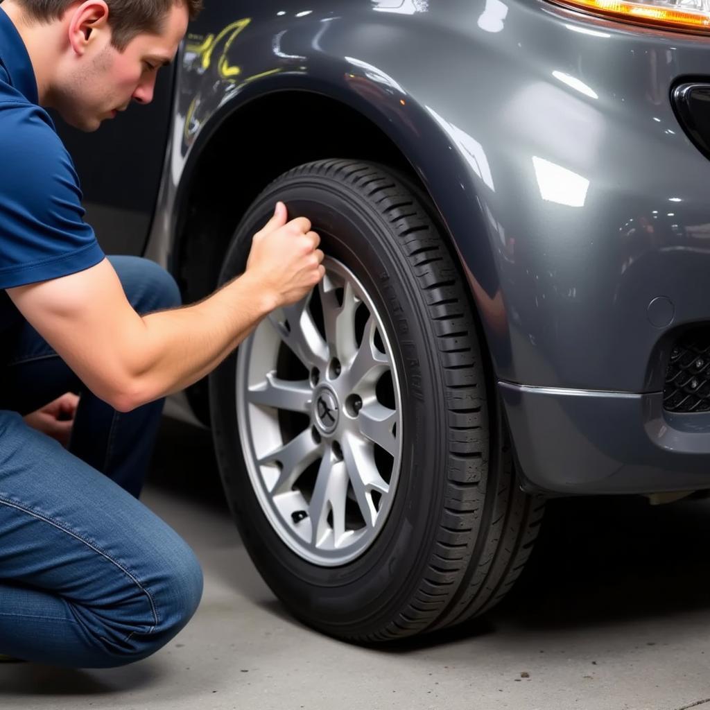 Technician Performing Tire Rotation on a Smart Car