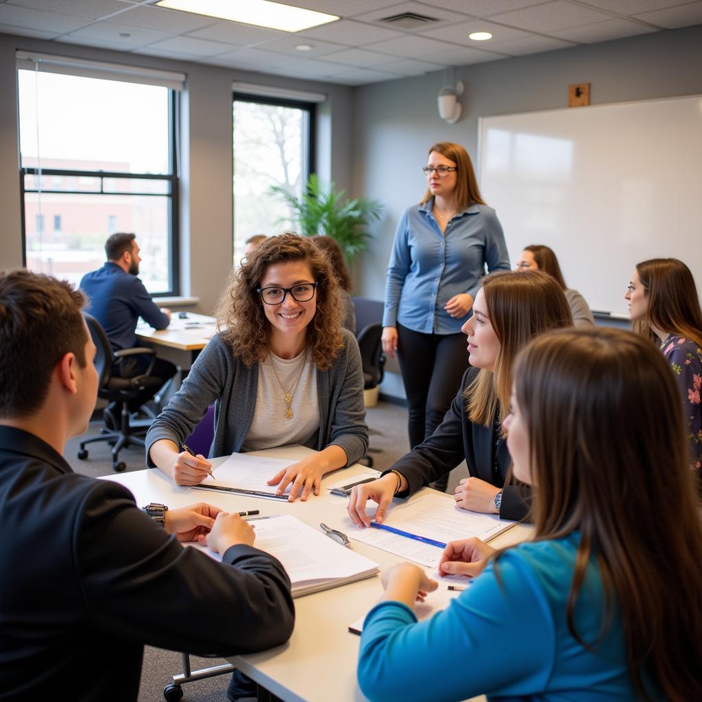 Students actively participating in a career services workshop, learning about resume writing and interview skills.