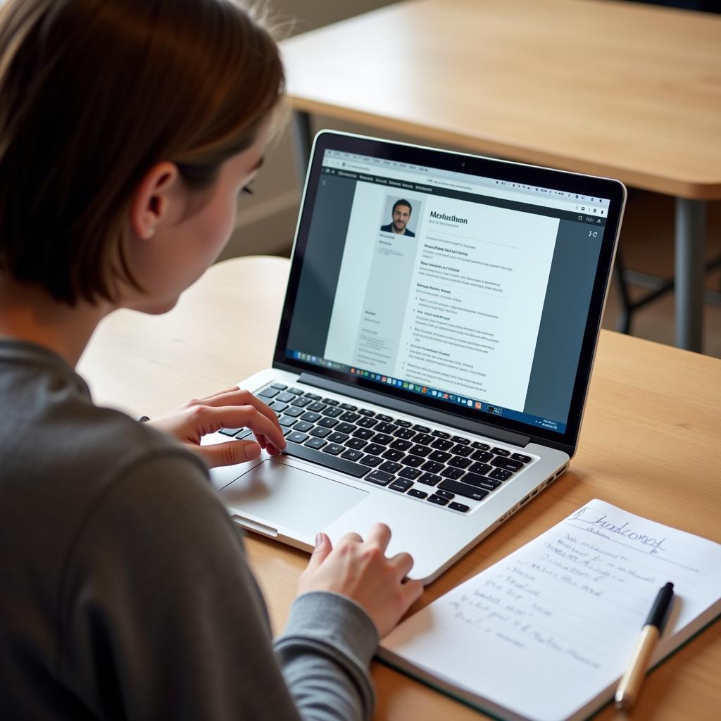 A law student reviewing their resume and notes before meeting with law career services.