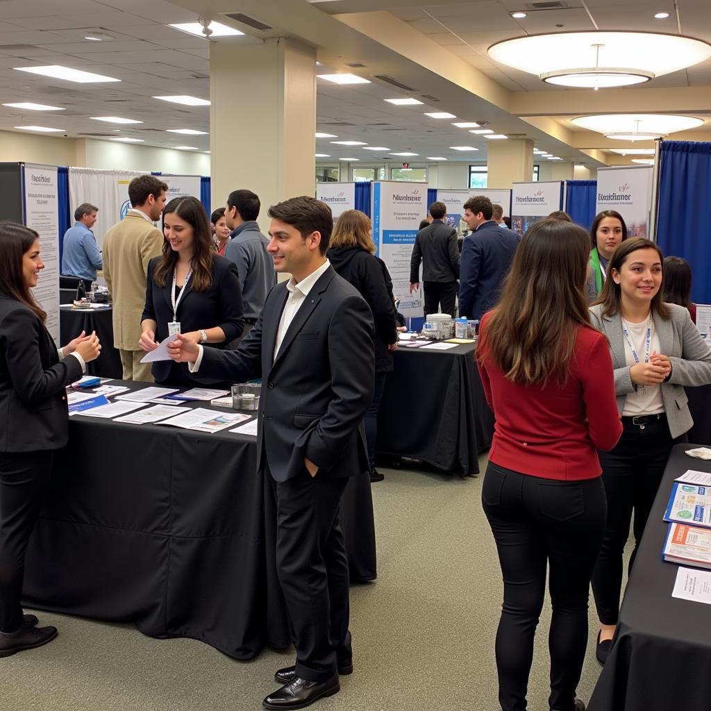 Students networking with employers at a university career fair