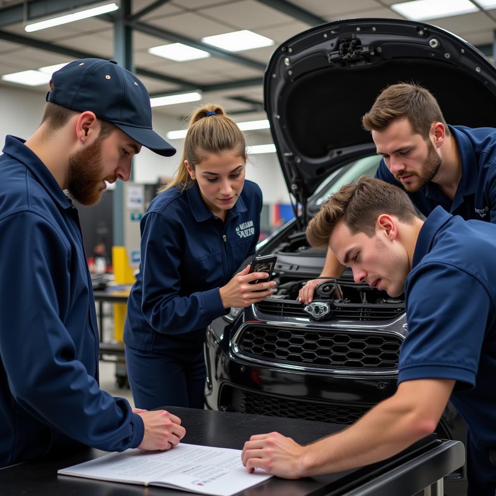 Students collaborating on a car in an automotive vocational training program, highlighting hands-on learning.