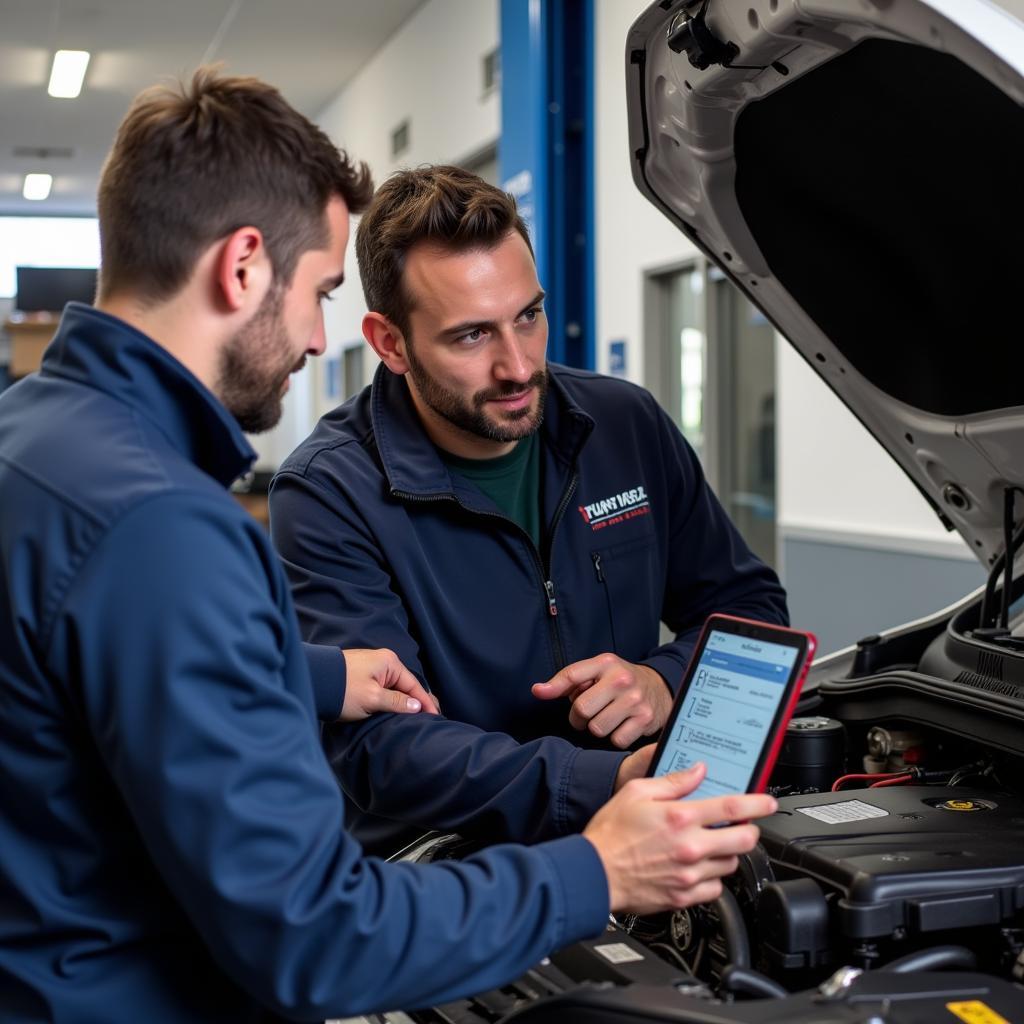 Tallaght Car Service Customer Discussing Repair Options with Mechanic