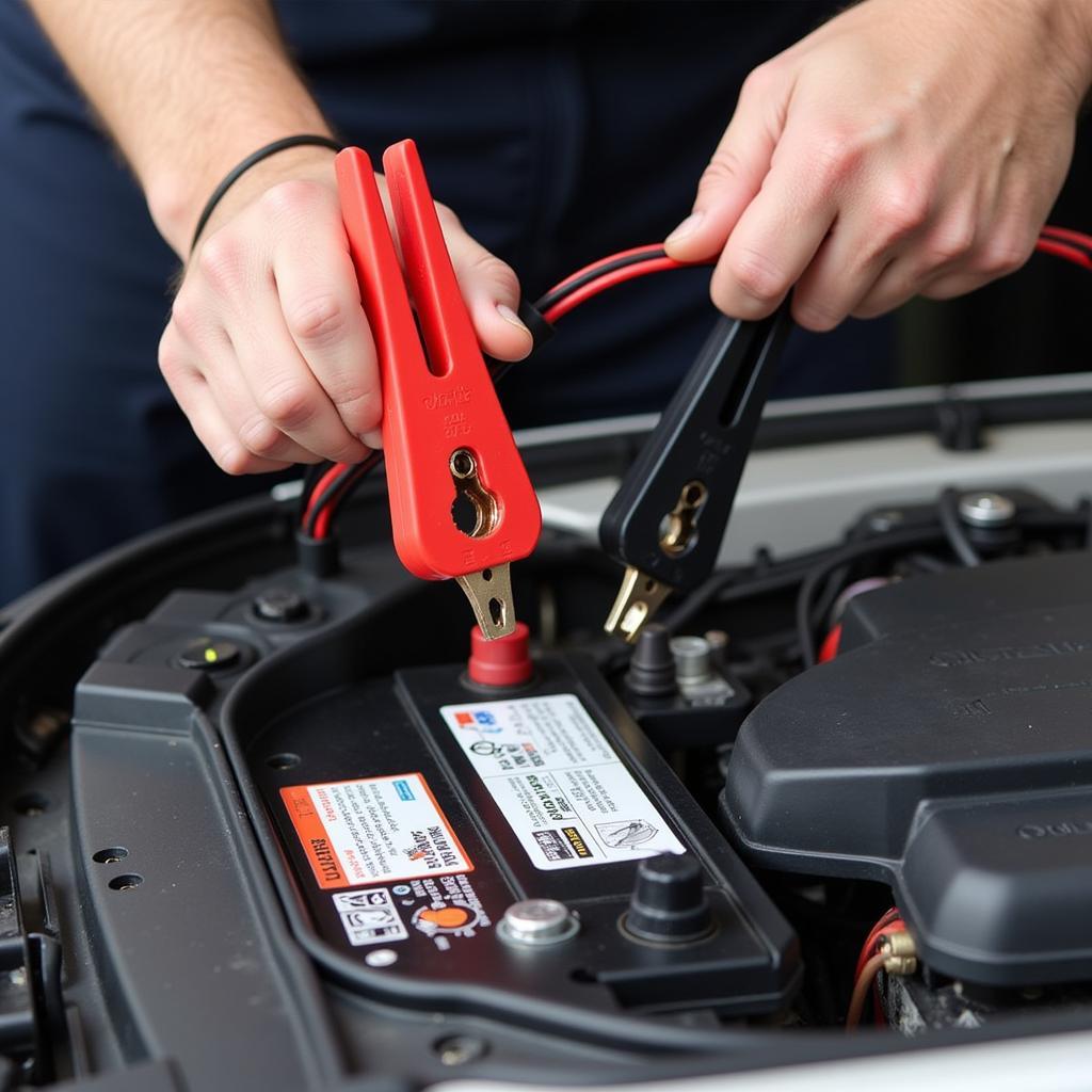 Technician Connecting Jumper Cables to Car Battery