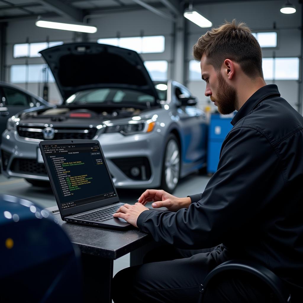 Technician Using Diagnostic Software on a Car