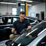 A Tesla car being serviced at a Tesla Service Center, demonstrating the professional care and expertise available.