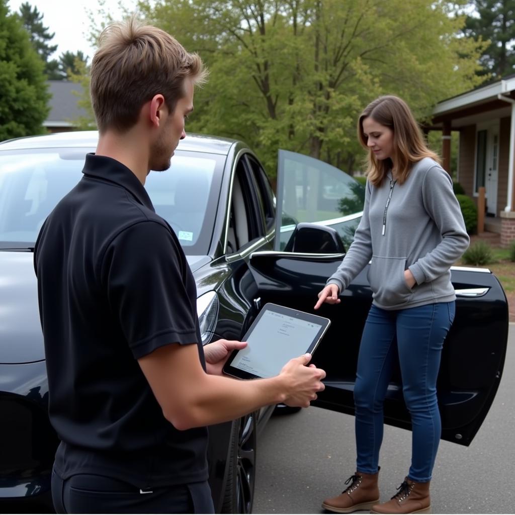 Tesla Mobile Service Technician Performing a Checkup in a Customer's Driveway