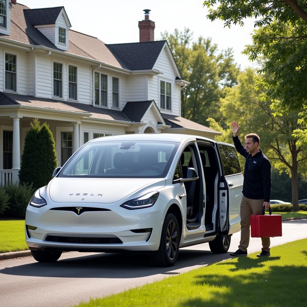 Tesla Mobile Service Van Arriving at a Customer's Home