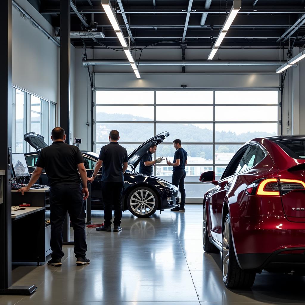 Modern Tesla Service Center Interior with Technicians Working