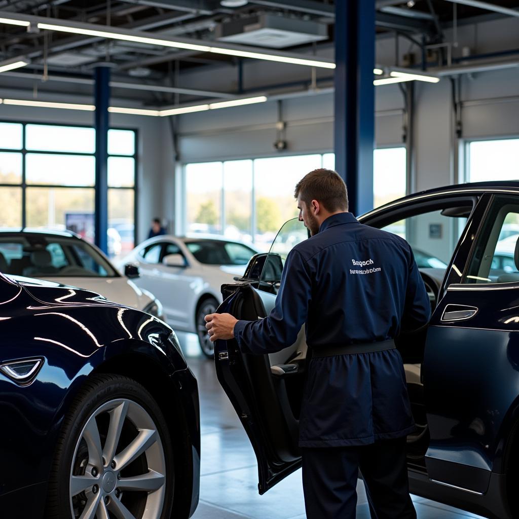 Inside a Tesla Service Center with Technician Working on a Vehicle