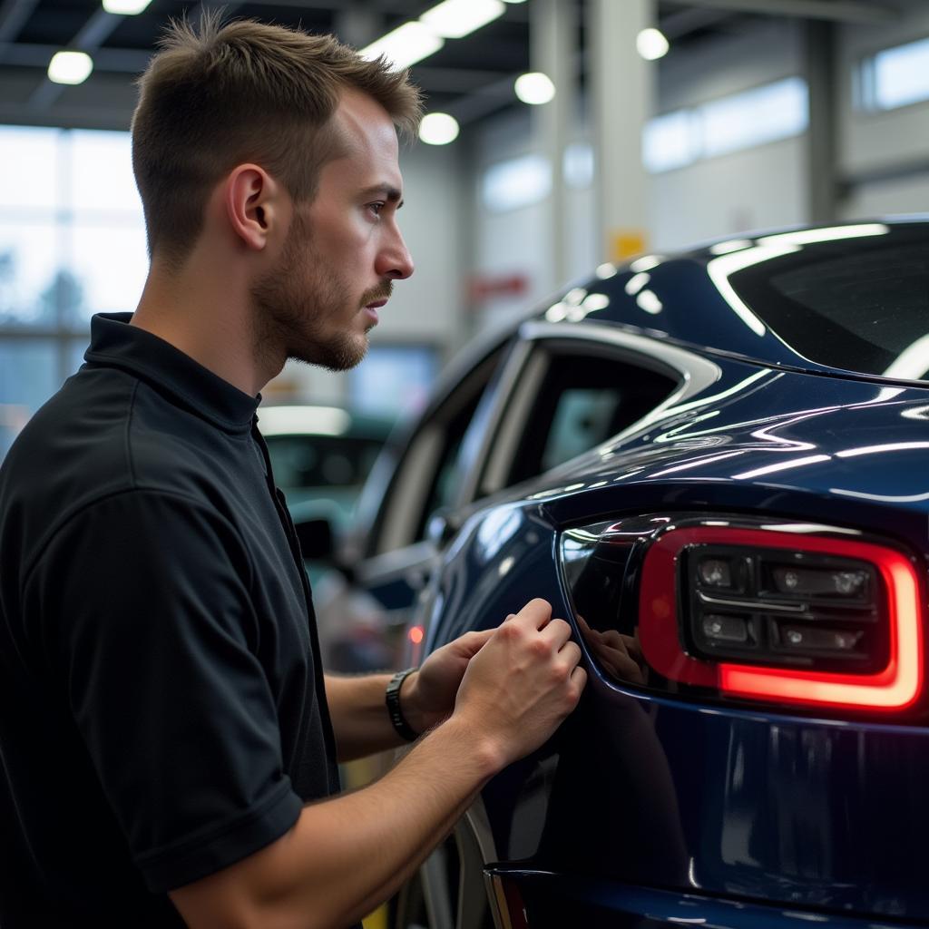 Tesla Technician Performing Routine Maintenance Check in Service Center