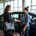 A passenger tipping a car service driver at the airport.