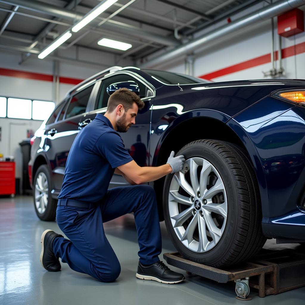 Tire Service and Rotation - Technician rotating tires on a car lift.