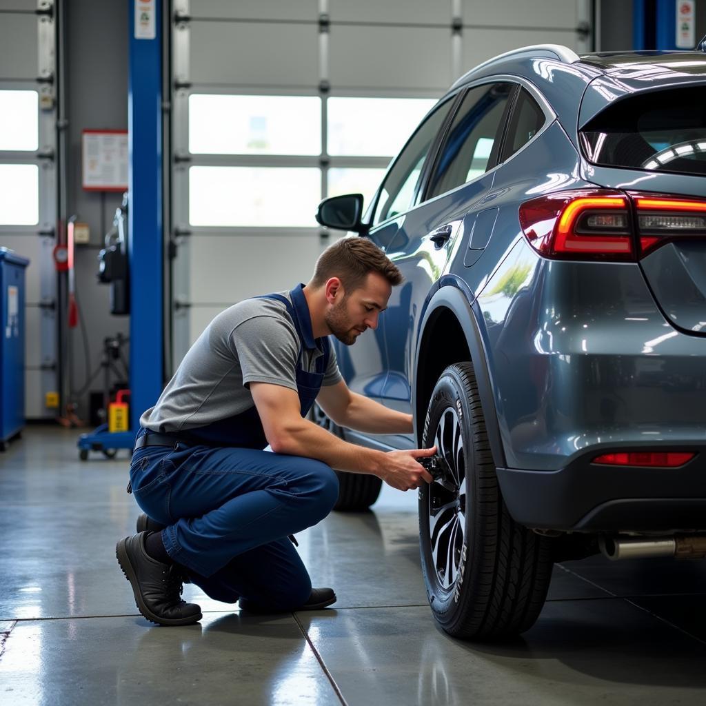 Tire Technician Servicing an Electric Vehicle