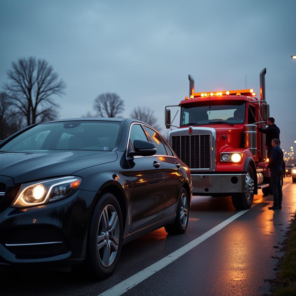 Tow truck assisting a disabled vehicle on the side of the road