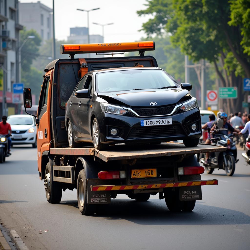 A tow truck transporting a broken-down car in Chennai