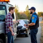 Tow truck driver assisting a customer