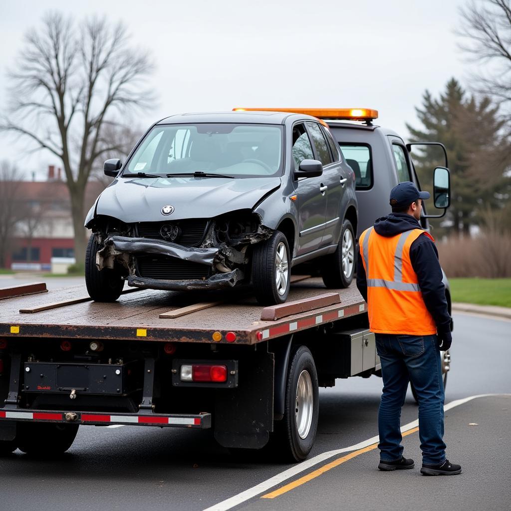 Tow Truck Lifting a Damaged Car