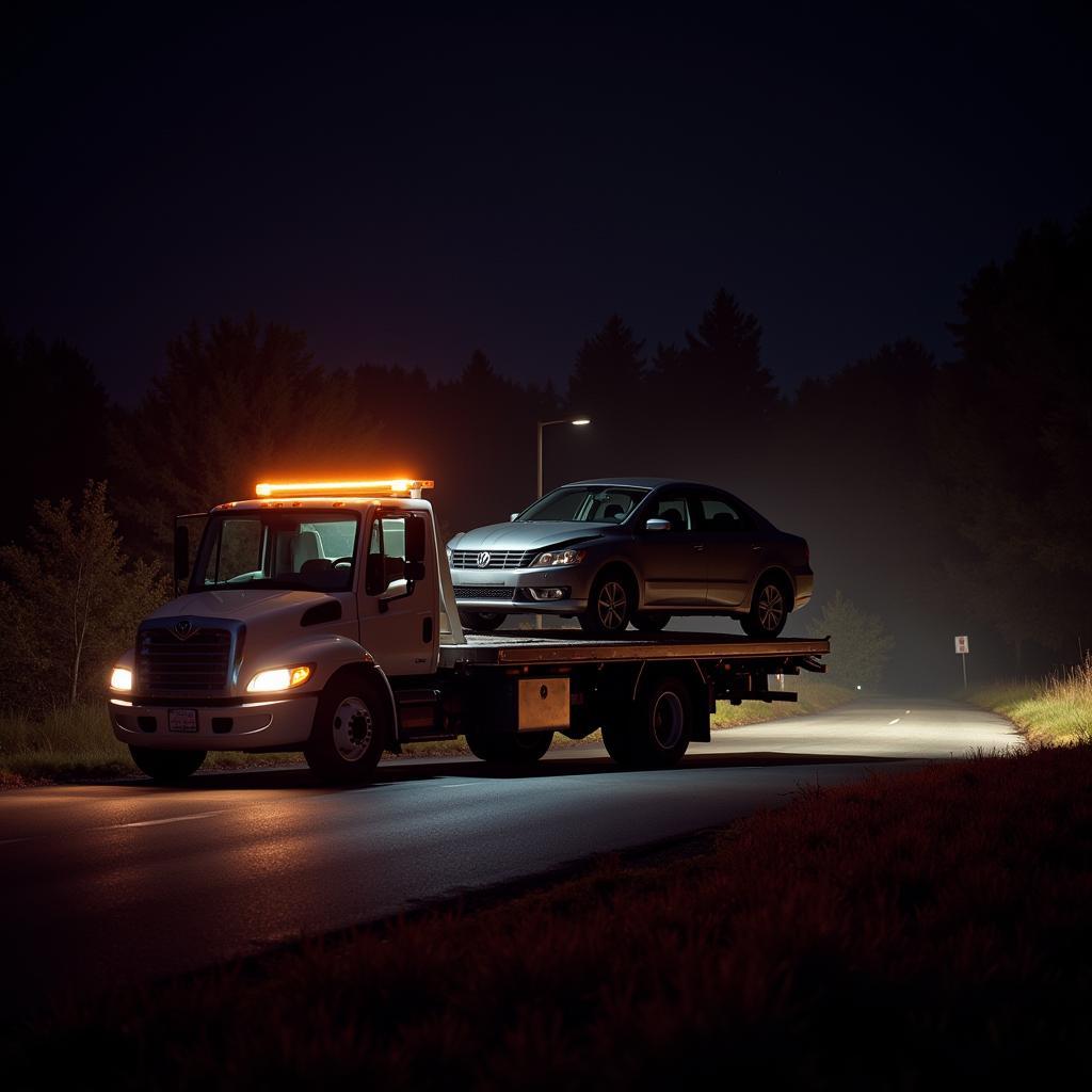 Tow Truck Transporting a Damaged Vehicle at Night