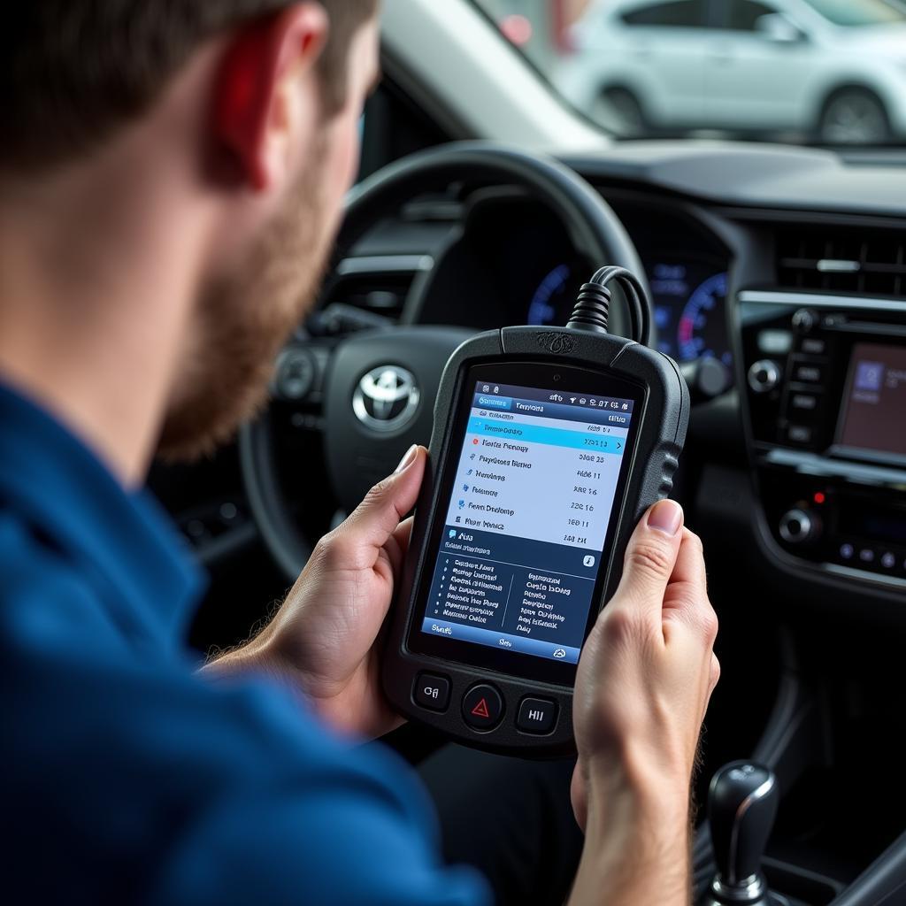 Toyota Technician Using Diagnostic Scanner