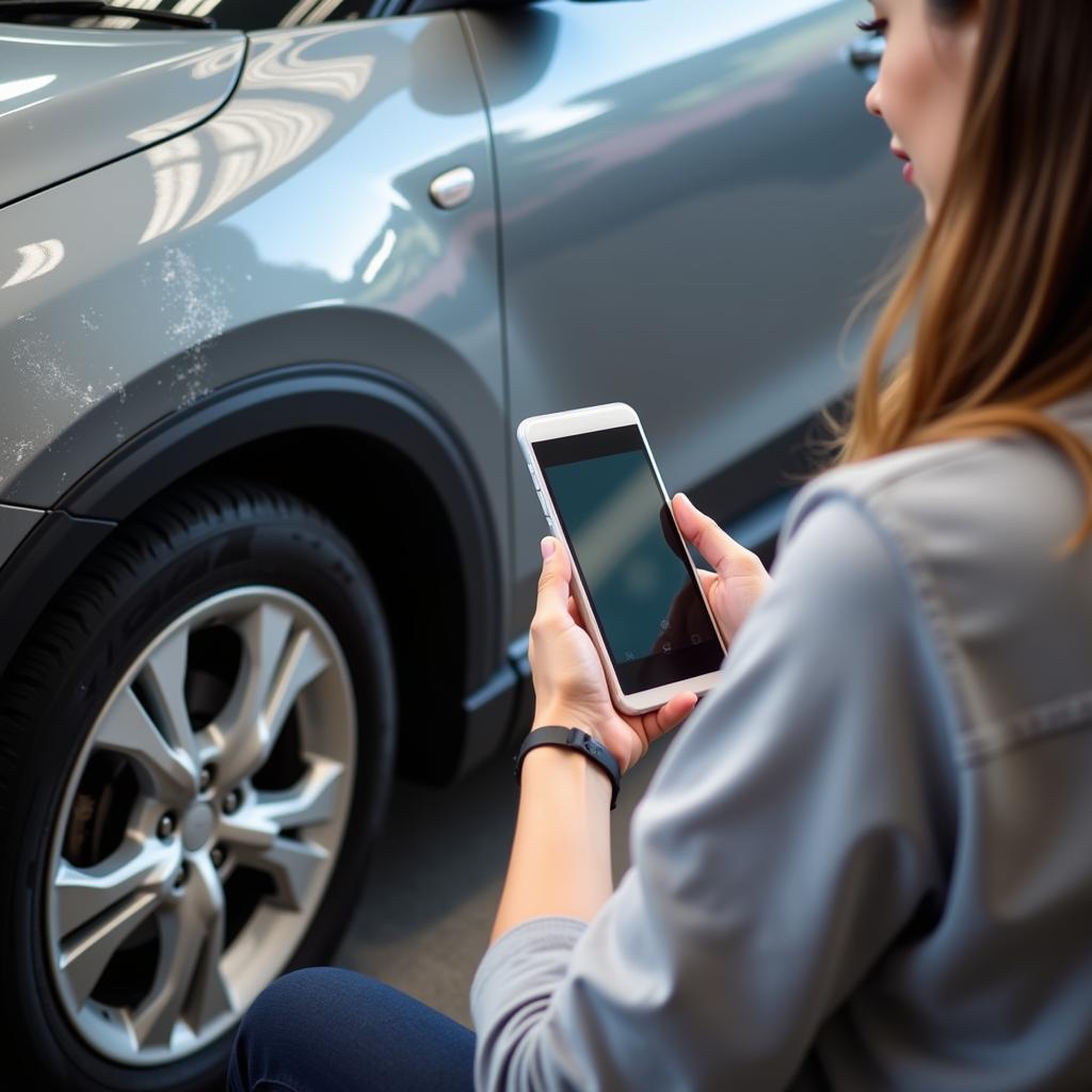 Traveler inspecting a rental car before accepting