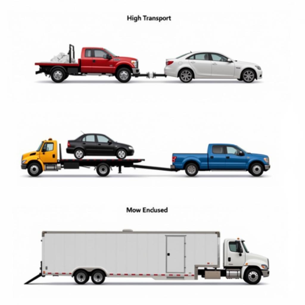 Different types of car pickup services: tow truck, flatbed truck, and enclosed car transport.