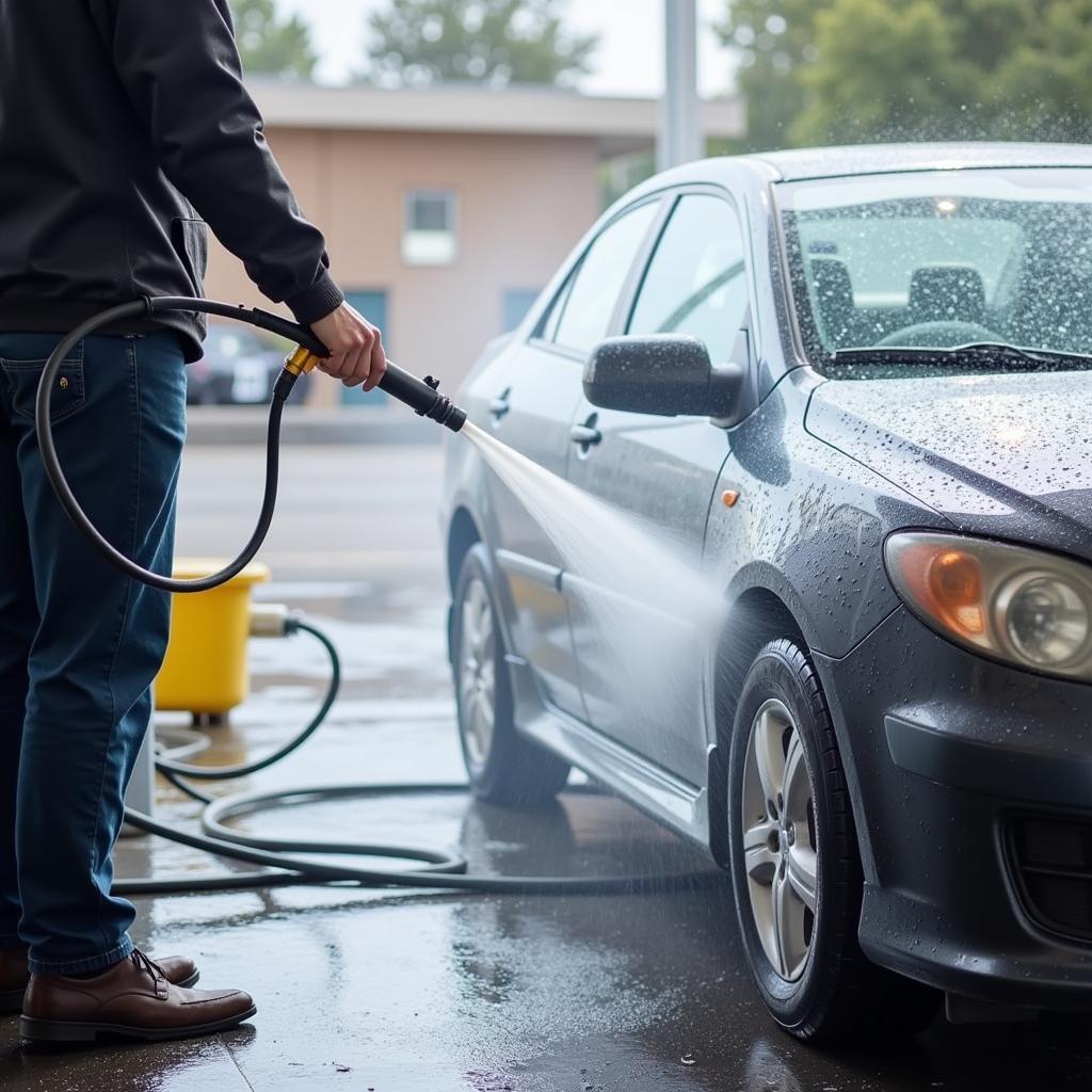 Person Using a Pressure Washer at a Self-Service Car Wash