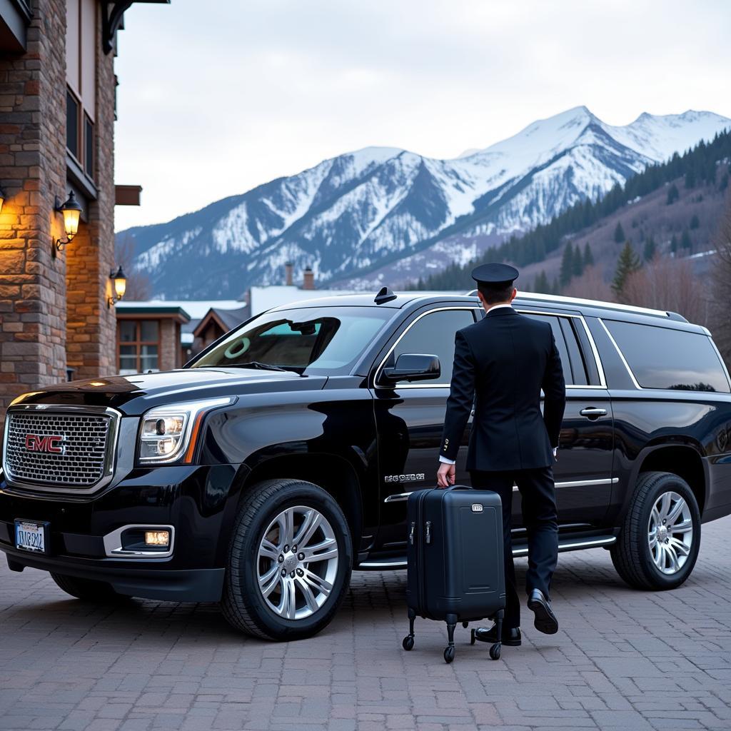 Luxury car service waiting outside a Vail resort for departure to Denver Airport.