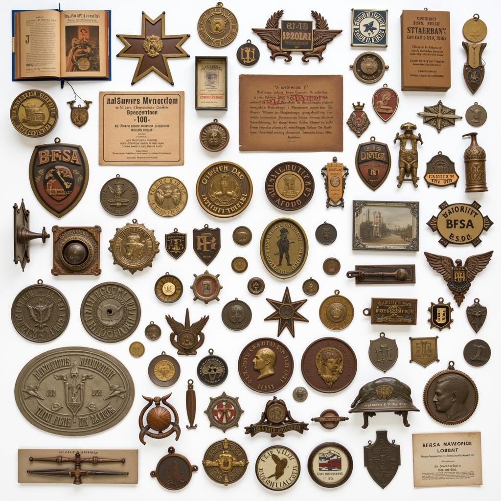 A collection of BFSA badges and related memorabilia, highlighting the organization's rich history and diverse range of items.