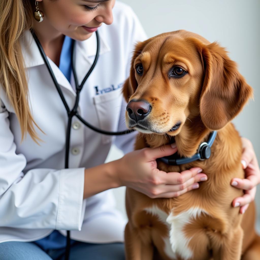 Veterinarian performing a physical exam on a dog