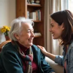 Elderly person receiving companionship care from a volunteer