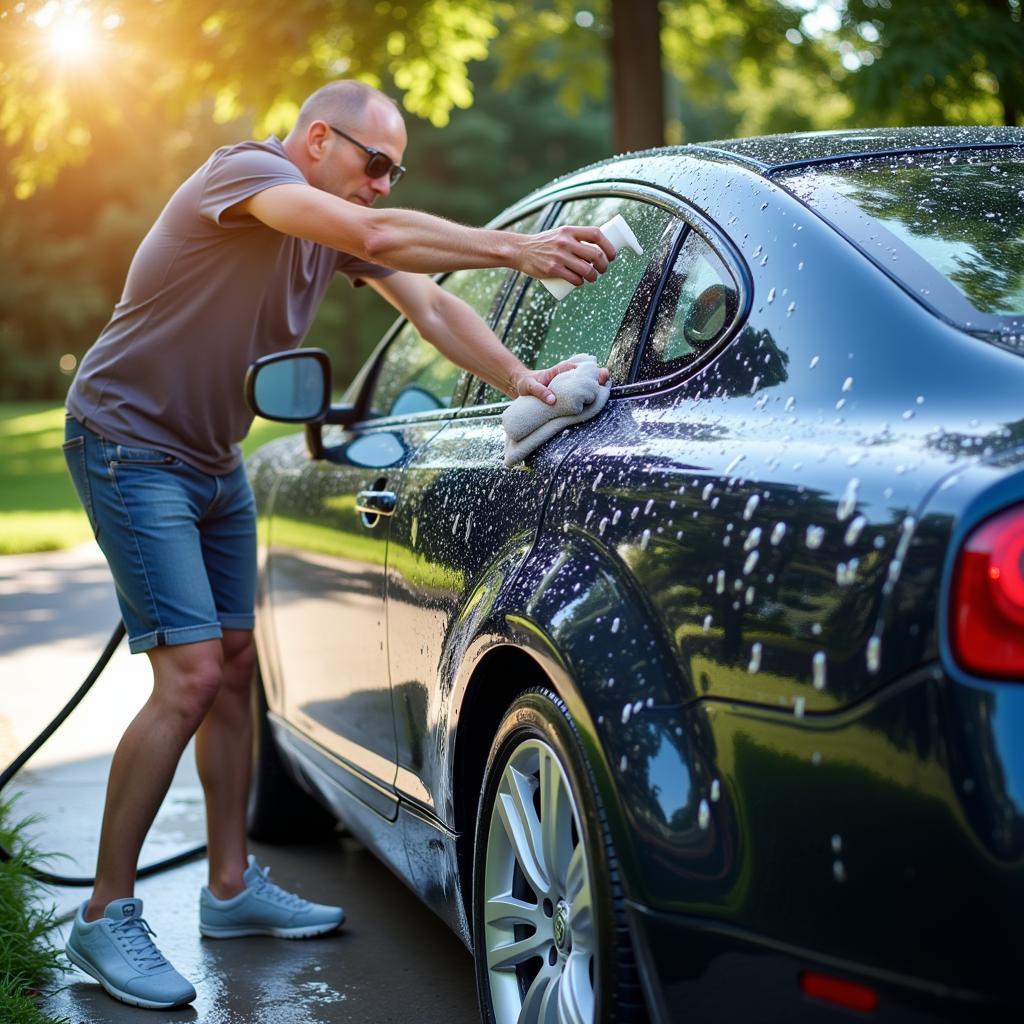 Washing a ceramic coated car with pH-neutral car shampoo.