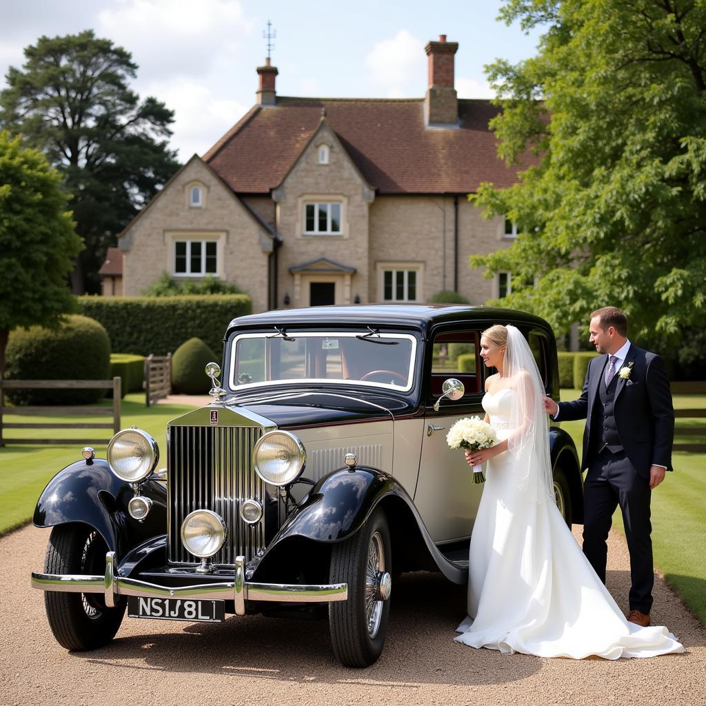 Bride and Groom Arriving at Wedding Venue in a Classic Car