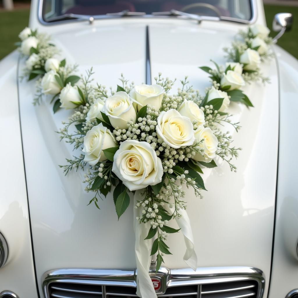 Decorating a Wedding Car with Flowers and Ribbons