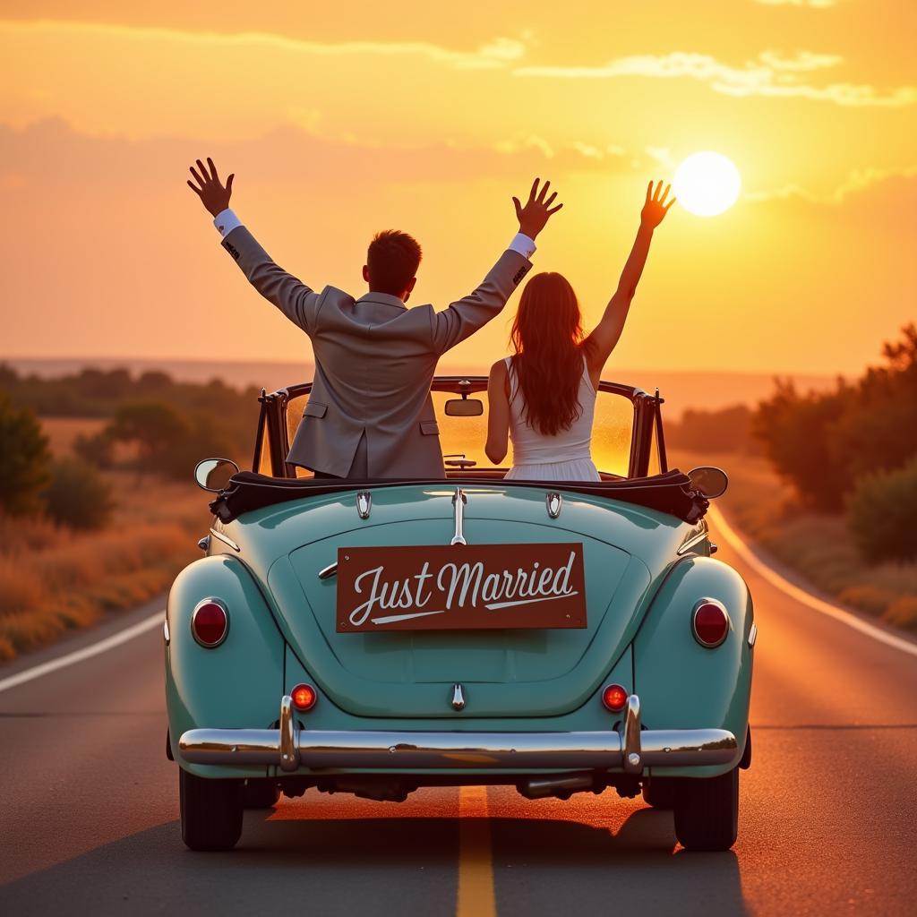 Just Married Couple Driving Away in a Vintage Convertible