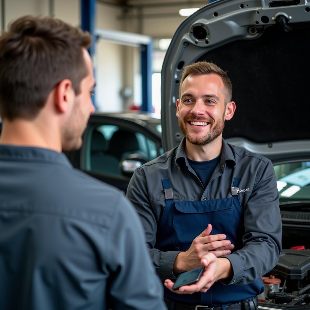 Mechanic explaining car repair to customer in Whitstable