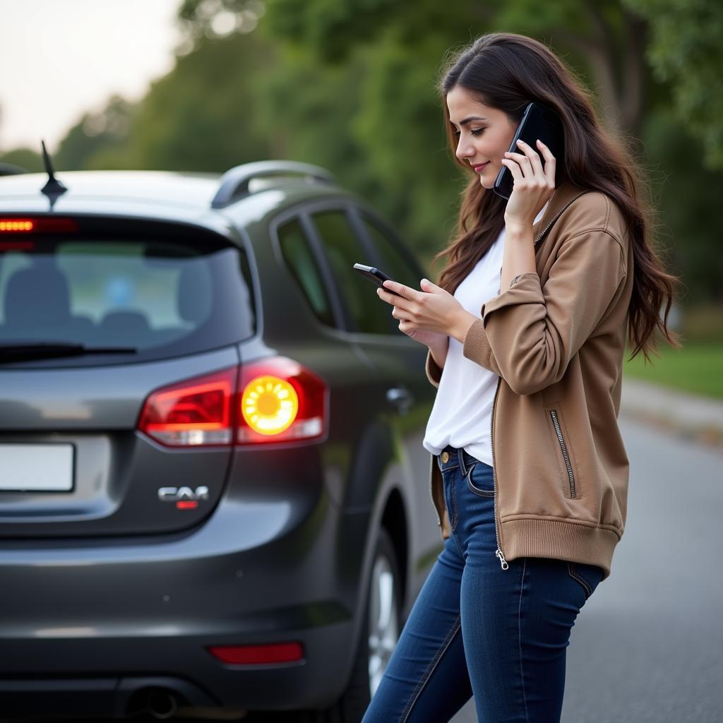 Woman Calling Roadside Assistance on Her Phone