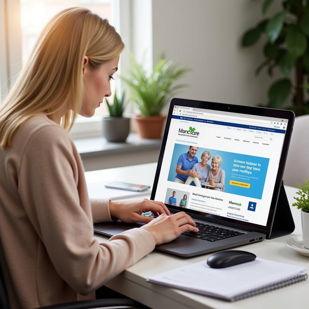 A woman researching long-term care insurance options online.