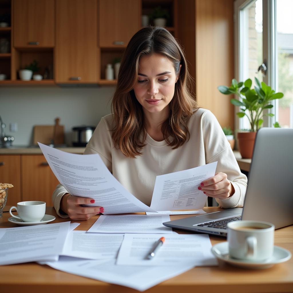 A woman carefully reviewing health insurance documents at home.