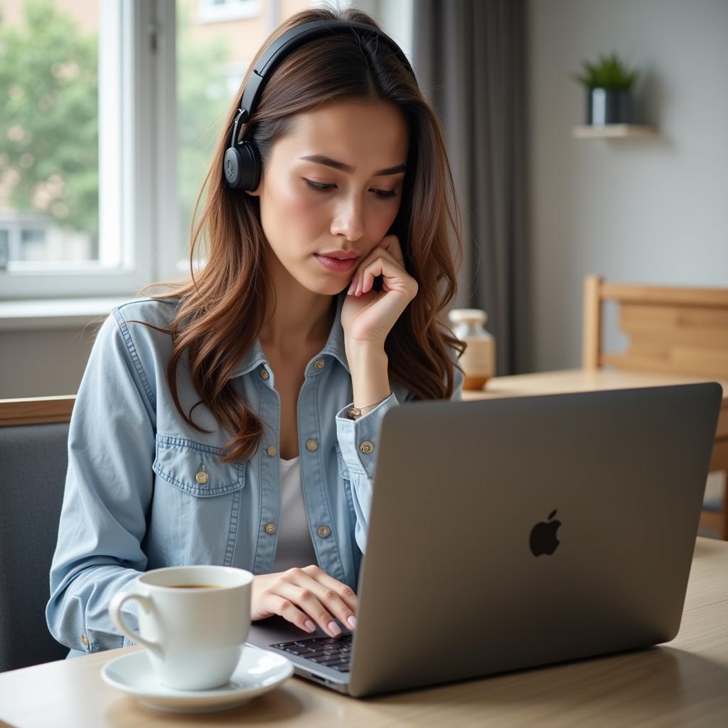 Woman searching for car rental customer service number online using laptop