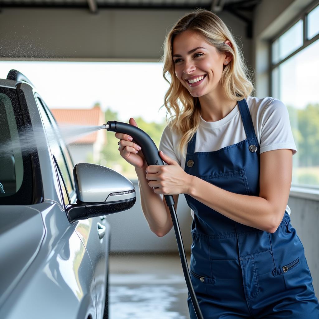 A woman washing her car at a self-service car wash.