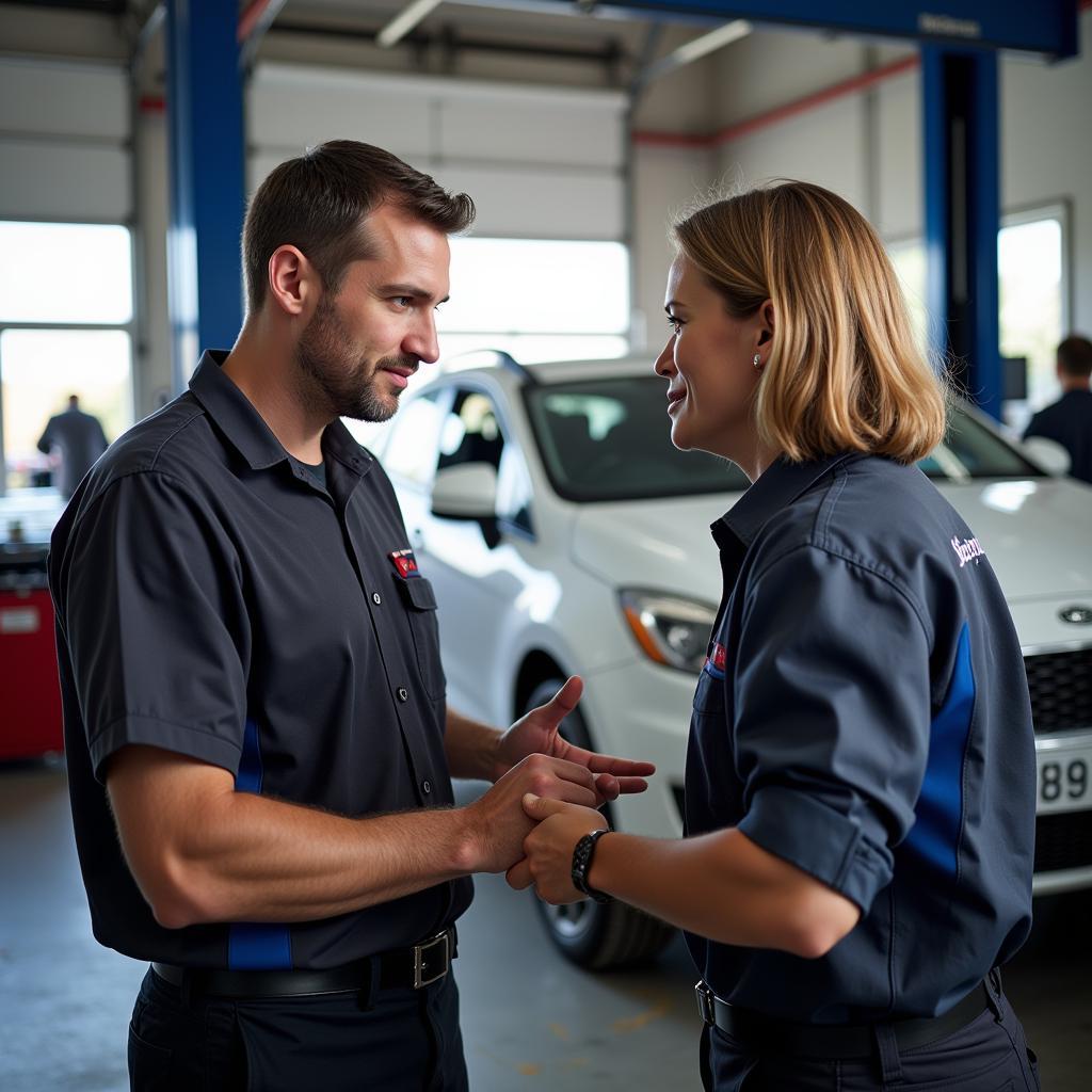 Customer and mechanic engaged in a discussion about car repair options at a 613 auto repair shop.